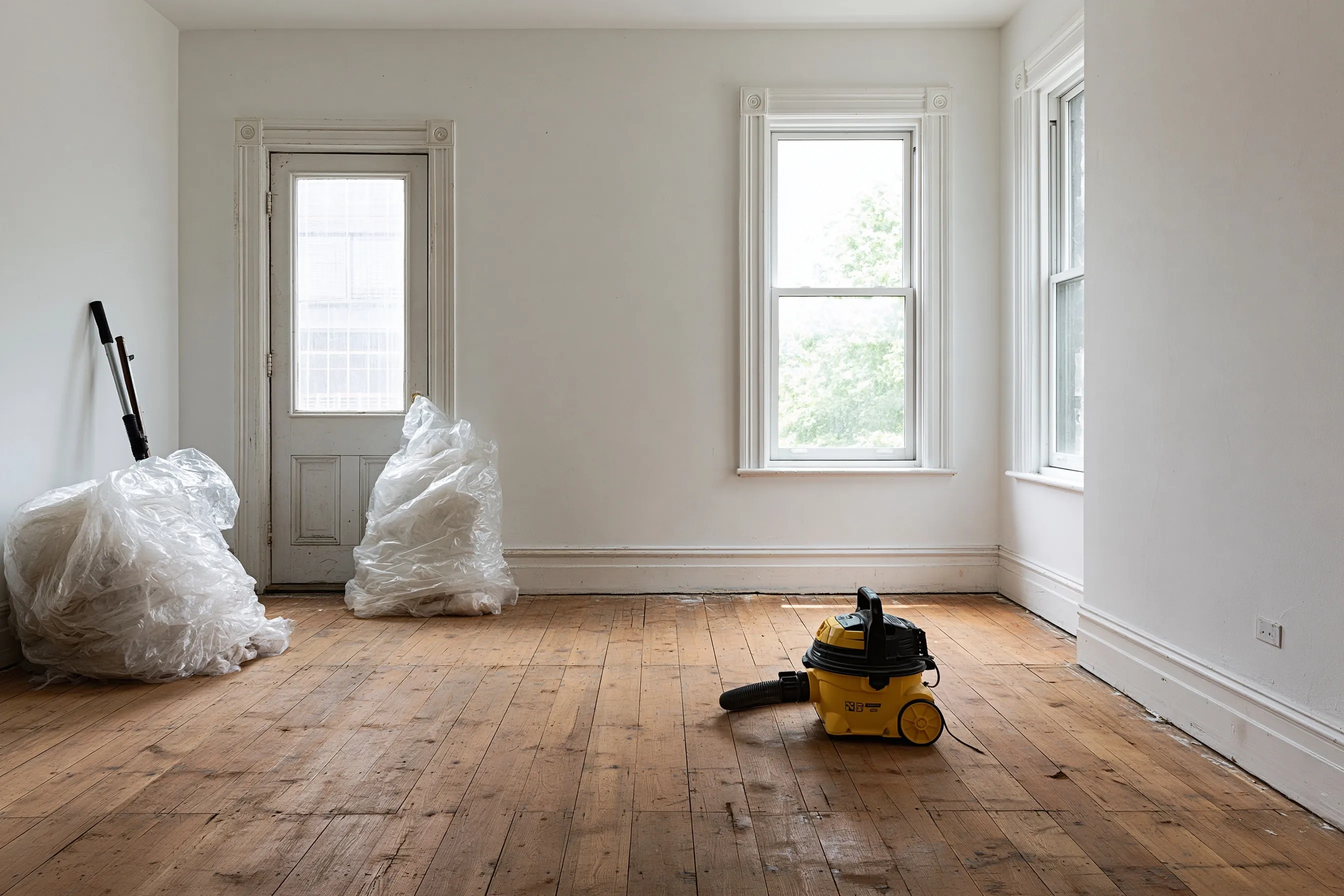 Clean empty room after renovation: bare wood floor, bagged plastic sheeting and a shop vacuum