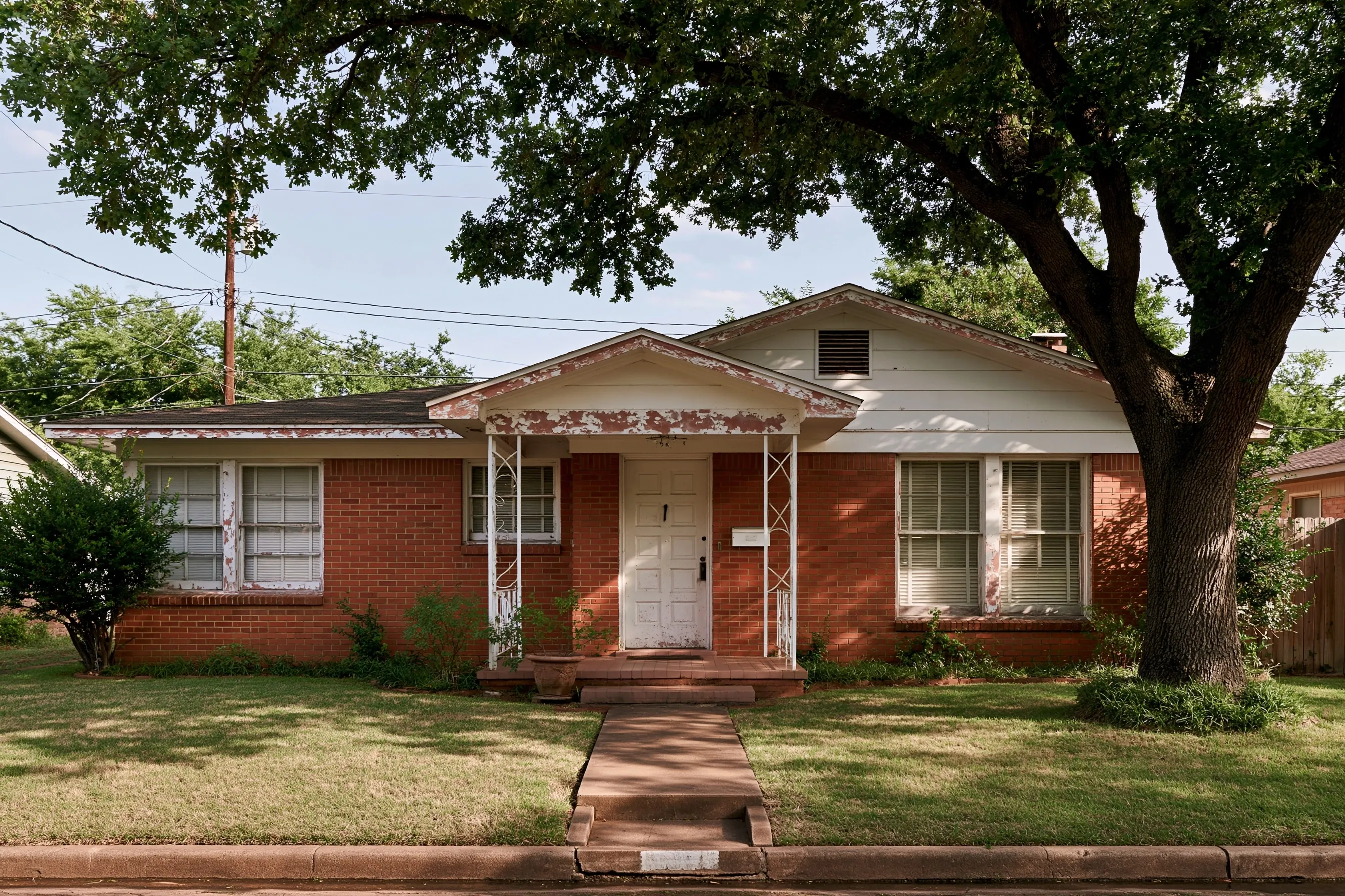 Single-story red brick ranch house with peeling paint on the white gable, fascia, porch gable and window trim