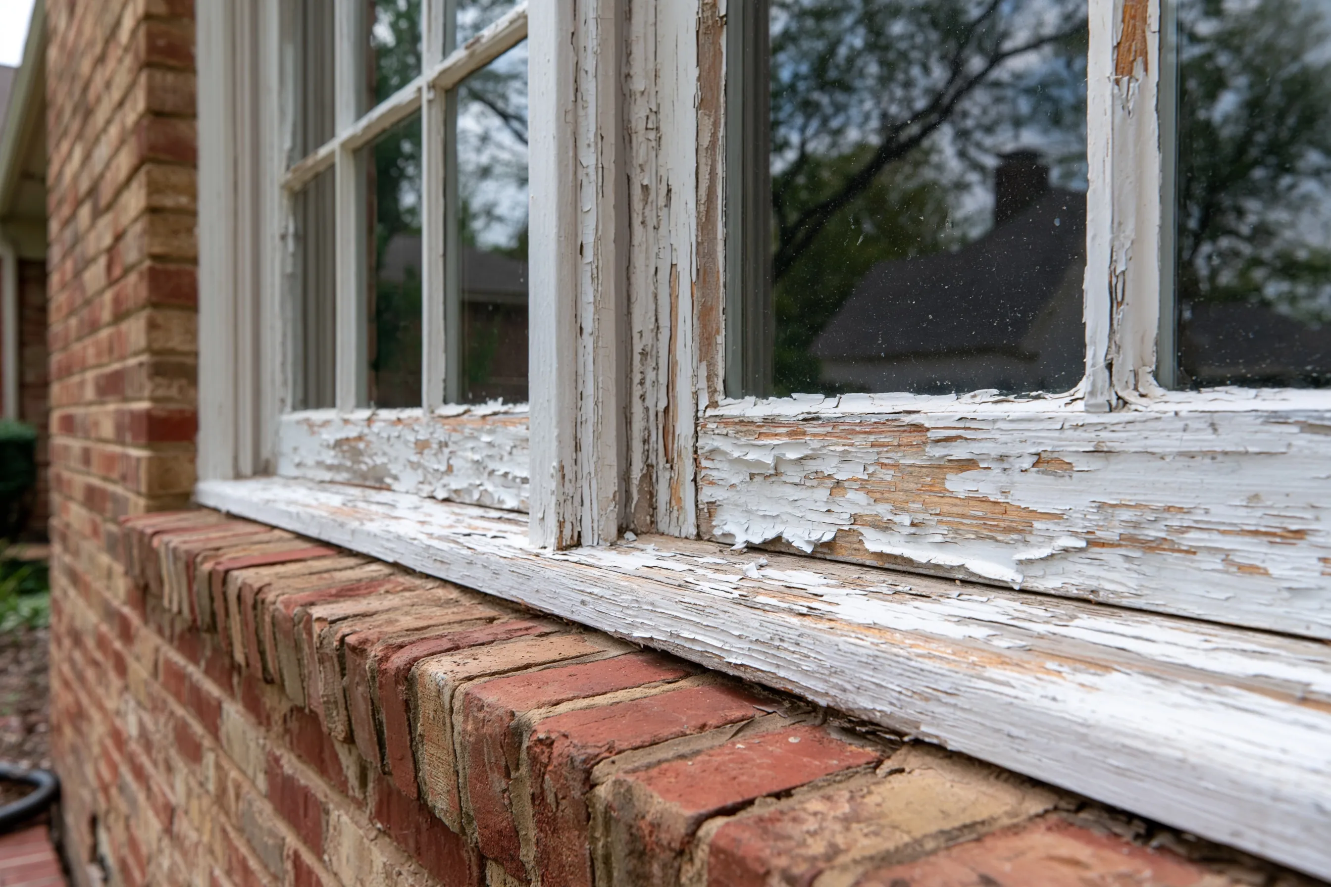 Original painted wood double-hung windows with chipped paint in a brick wall