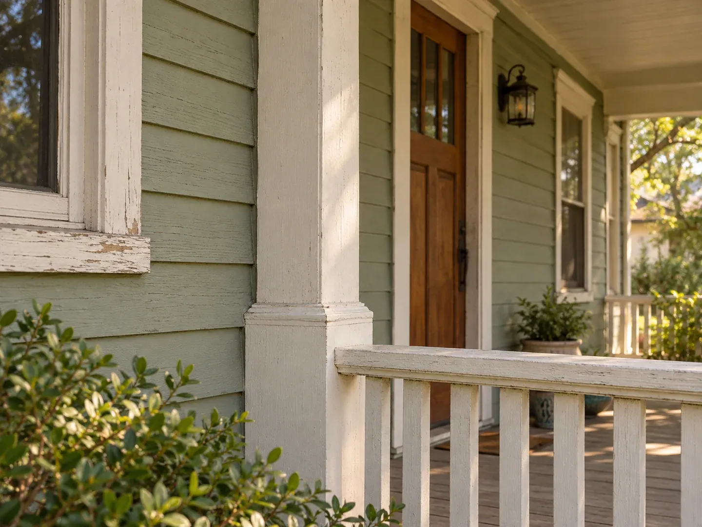 Painted wood siding, porch post and railing beside a wood entry door