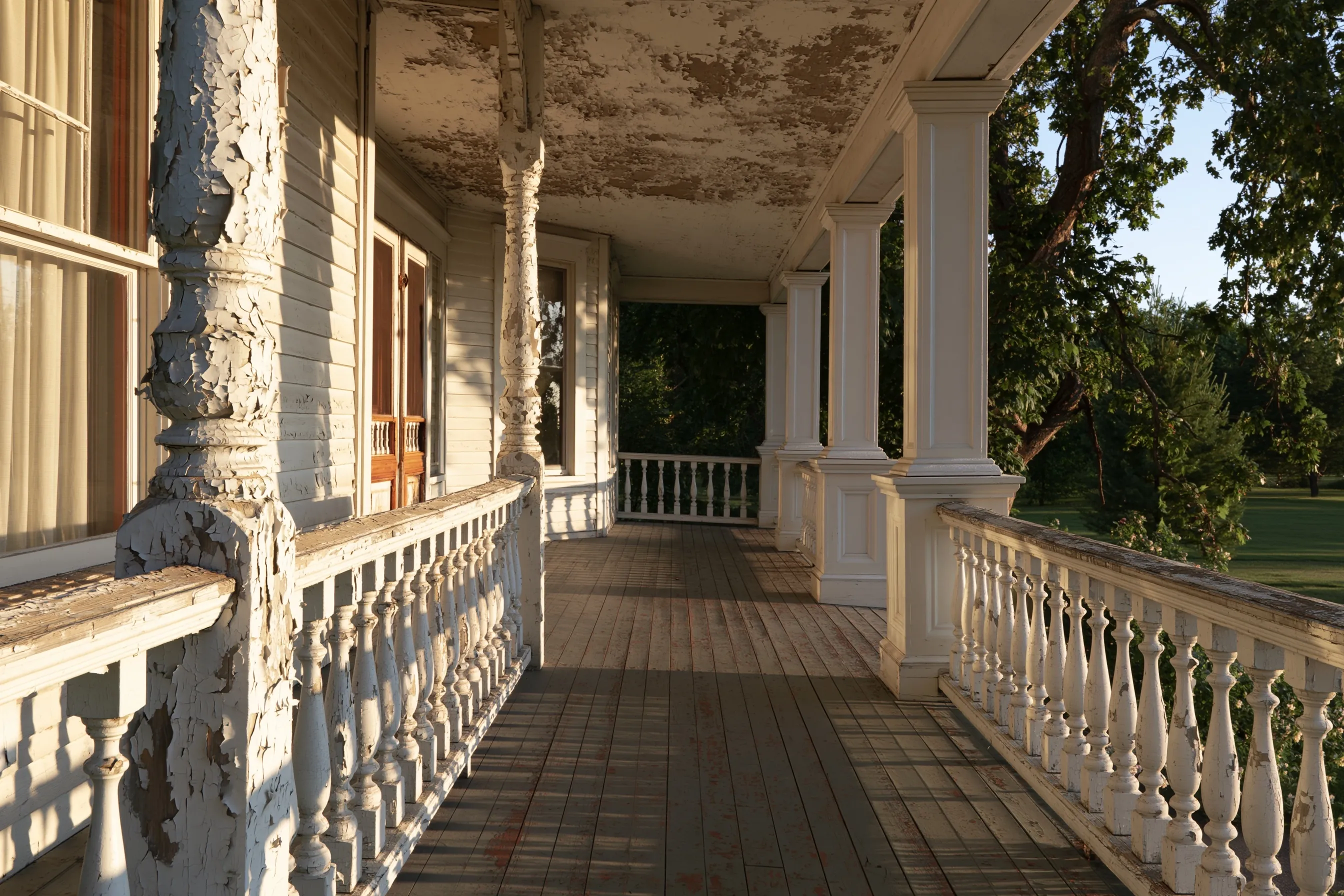 Older porch with peeling painted railings and columns